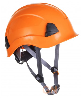 Casco dieléctrico para trabajos en altura con visera corta color naranja alta visibilidad