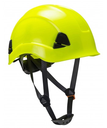 Casco dieléctrico para trabajos en altura con visera corta color amarillo alta visibilidad