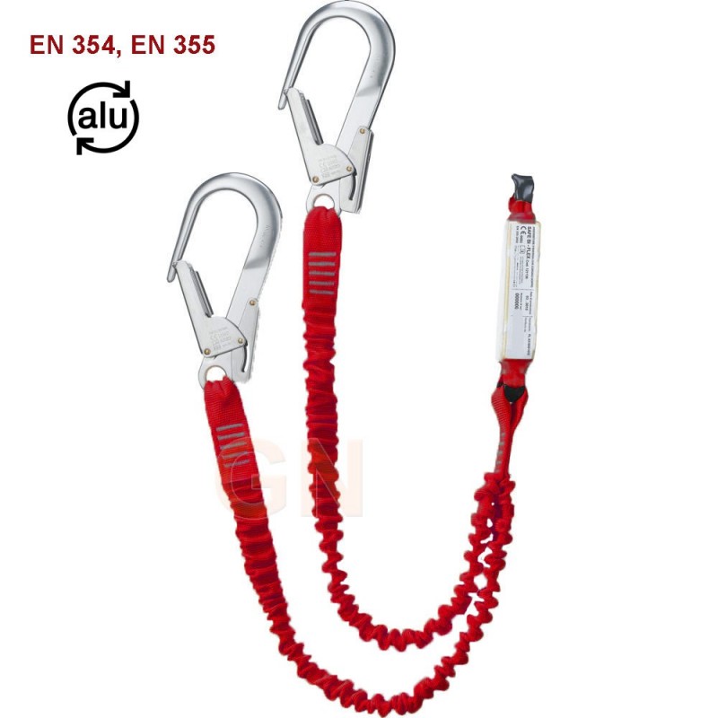 Amarre doble en Y de cinta elástica con absorbedor y dos mosquetones de aluminio