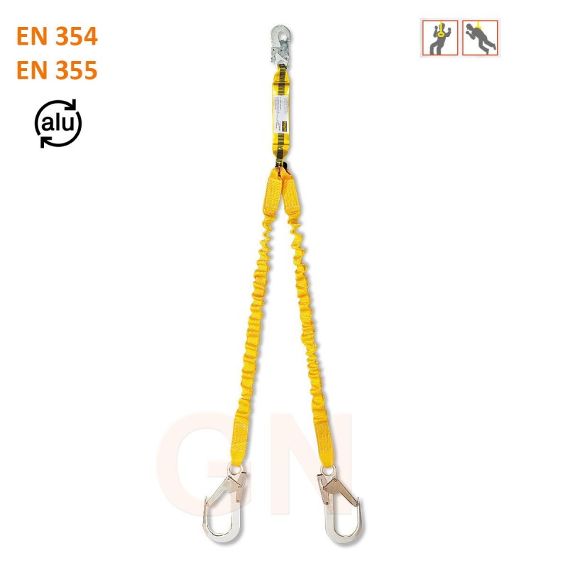 Amarre doble en Y de cinta elástica con absorbedor y dos mosquetones de aluminio