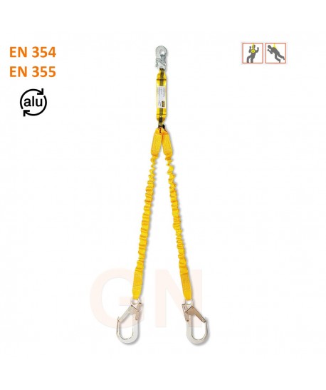 Amarre doble en Y de cinta elástica con absorbedor y dos mosquetones de aluminio