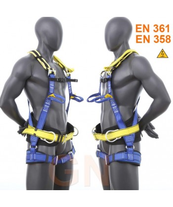 Arnés elástico con enganches dorsal y frontal. Cinturón giratorio de posicionamiento
