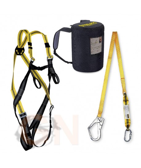 Kit de arnés con enganche dorsal y frontal. Cinta con absorbedor y gancho