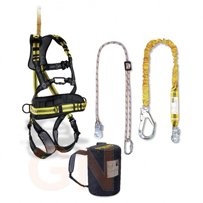 Kit de arnes con cinturón de posicionamiento, cuerda regulable y cinta elástica con mosquetón tipo gancho