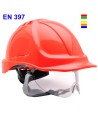 Casco dieléctrico de ABS con barboquejo de 4 puntos incluido y gafas integradas color rojo