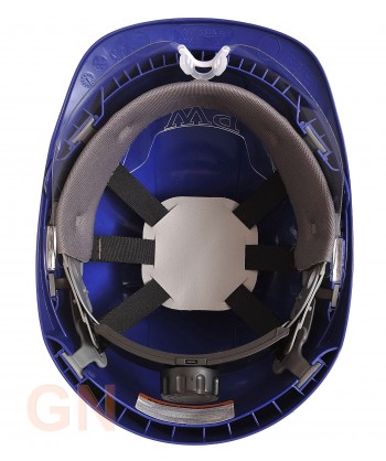 Casco dieléctrico de ABS con barboquejo de 4 puntos incluido y gafas integradas color azul