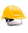 Casco dieléctrico de ABS con barboquejo de 4 puntos incluido y gafas integradas color amarillo