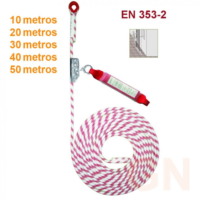 Línea de vida vertical en cuerda 10, 20, 30, 40, y 50 m, según modelo más bloqueador automático NO desmontable y absorbedor