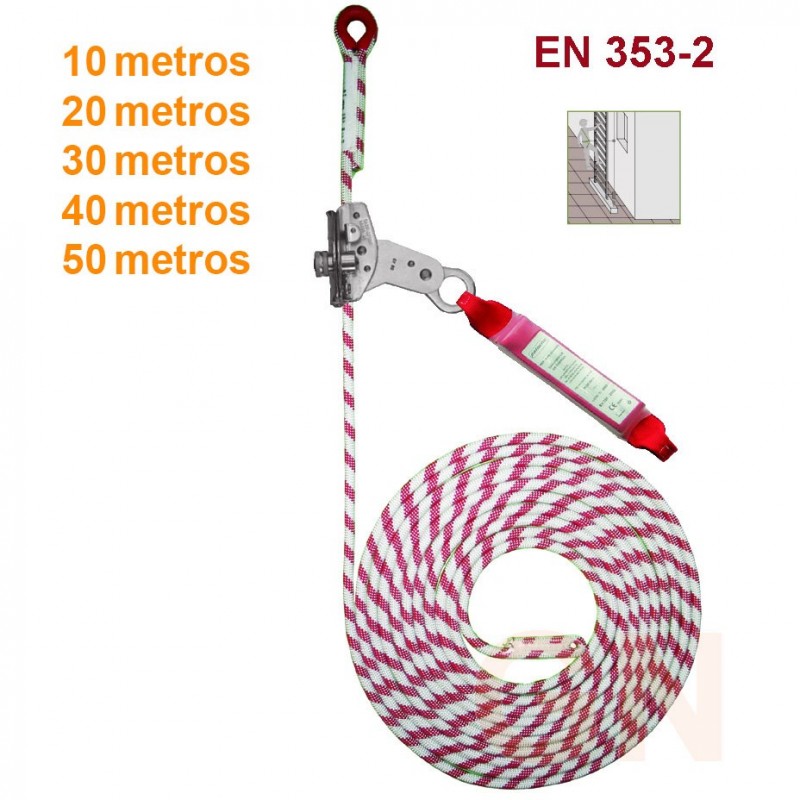 Línea de vida vertical en cuerda 10, 20, 30, 40, y 50 m, según modelo más bloqueador automático desmontable y absorbedor