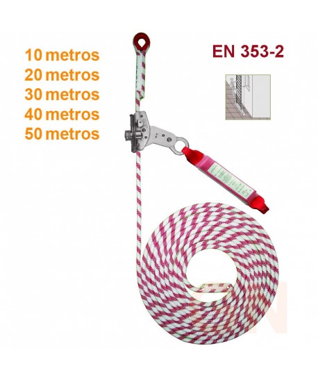 Línea de vida vertical en cuerda 10, 20, 30, 40, y 50 m, según modelo más bloqueador automático desmontable y absorbedor