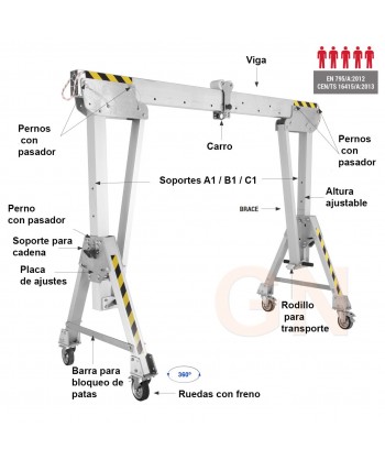 Pórtico de aluminio portátil para cargas de hasta 3.500 kg o 5 usuarios