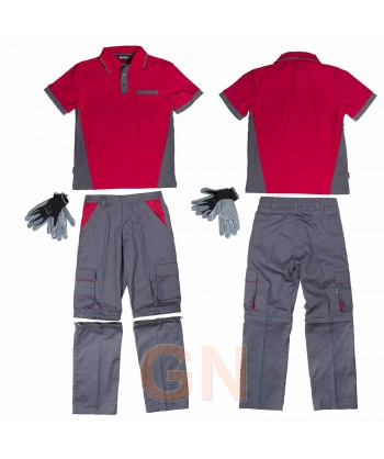 Conjunto para el verano de pantalón, polo y guantes gris y rojo
