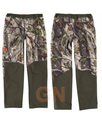 Pantalón sport combinado con tejido softshell transpirable y elástico camuflaje y verde caza