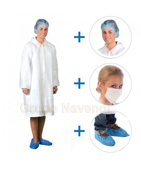 Kit de visitas de polipropileno con bata, gorro, mascarilla y calzas