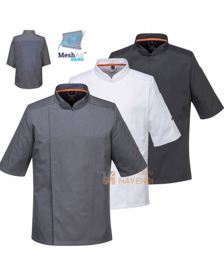 Chaqueta unisex de cocina de manga corta con espalda transpirable y corchetes