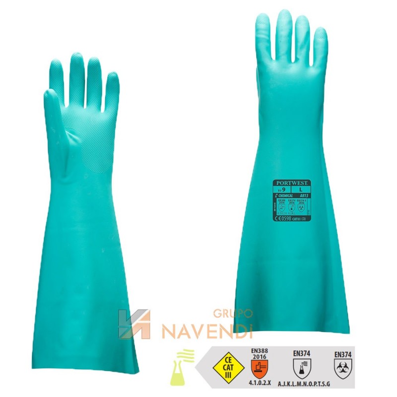 Guantes de nitrilo color verde para productos químicos de 48 cm
