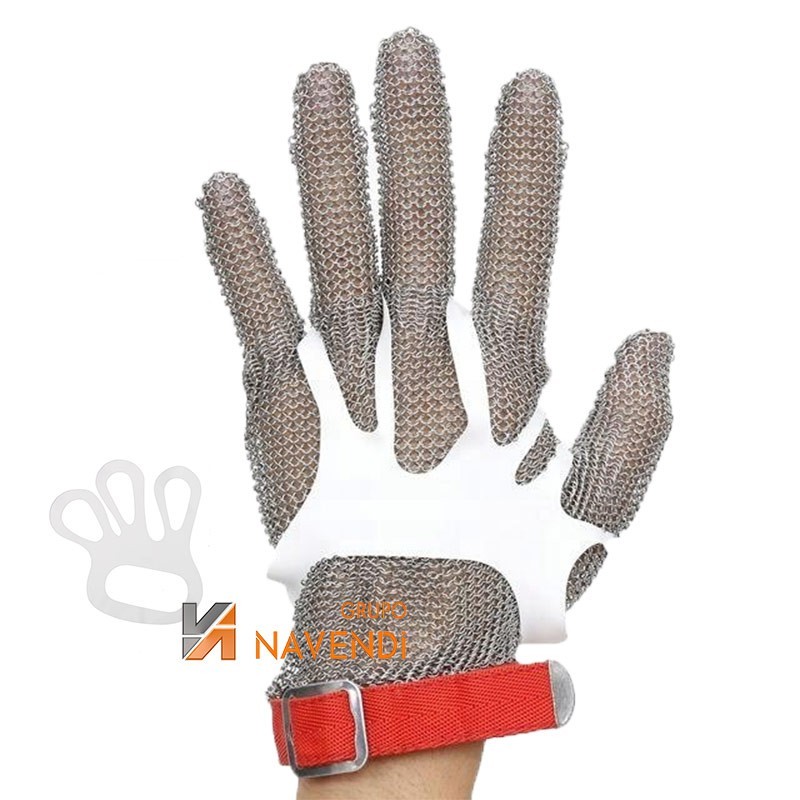 Cintas desechables de poliuretano para sujeción de guantes de malla metálica.