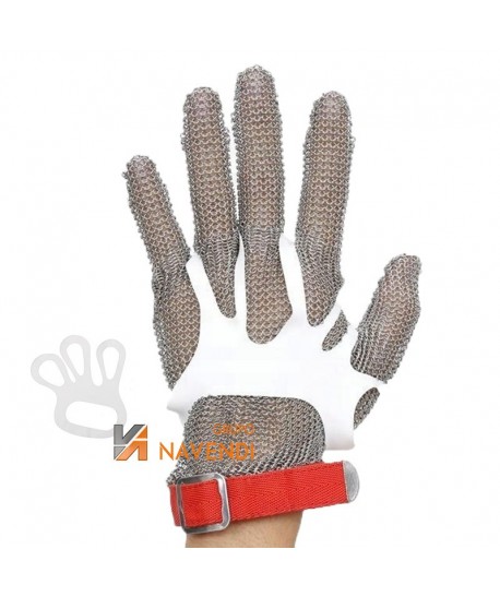 Cintas desechables de poliuretano para sujeción de guantes de malla metálica.