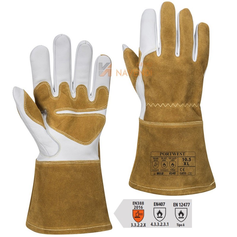 Guantes de piel y serraje con refuerzos y forro polar para soldadura