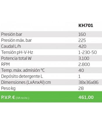 Hidrolimpiadora de agua fría a 160 Bar 420 l/h 3.100 W
