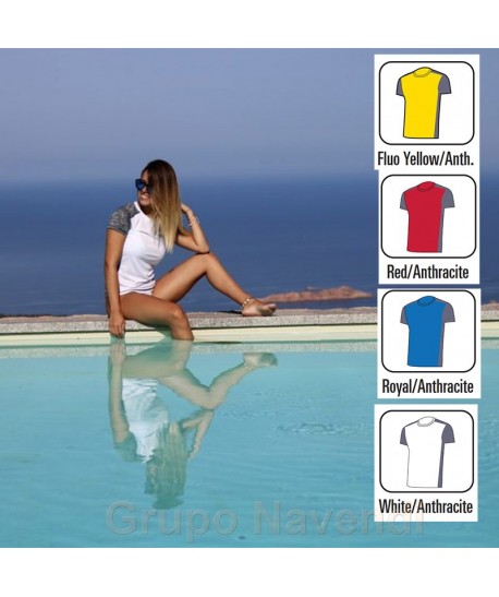 Camiseta técnica  bicolor de manga corta y cuello redondo para mujer color blanca/gris
