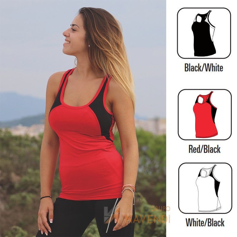 Camiseta bicolor transpirable de tirantes para mujer color rojo/negro