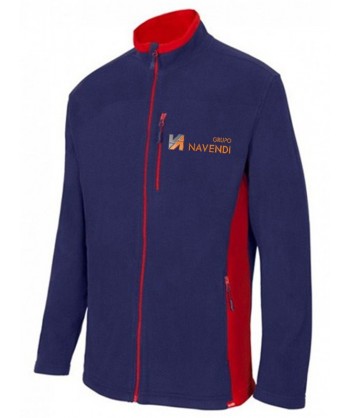 Chaqueta polar bicolor y cuello alto color azul marino y rojo