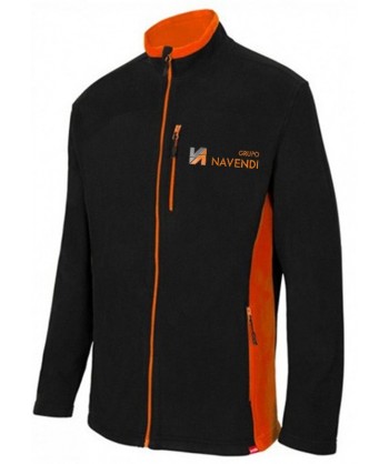 Chaqueta polar bicolor y cuello alto color negro y naranja