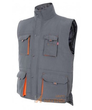 Chaleco acolchado bicolor multibolsillos color gris y naranja