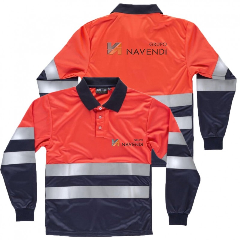 Polo de manga larga y alta visibilidad combinando marino/rojo alta visibilidad