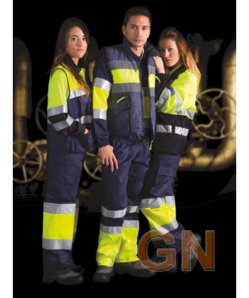 Pantalón alta visibilidad bicolor con forro y cintas reflectantes amarillo flúor y marino