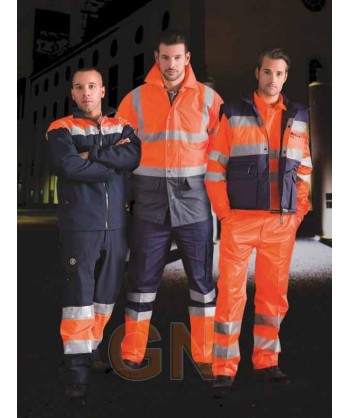 Pantalón alta visibilidad bicolor con forro y cintas reflectantes naranja fluor y marino