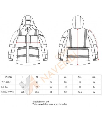 Parka de color rojo y gris acolchada e impermeable con cintas segmentadas