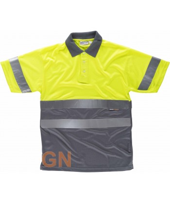 Polo bicolor transpirable manga corta de alta visibilidad color amarillo flúor y gris