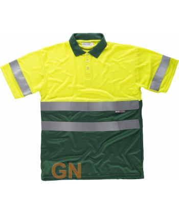 Polo bicolor transpirable manga corta de alta visibilidad color amarillo flúor y verde