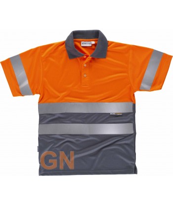 Polo bicolor transpirable manga corta de alta visibilidad color naranja flúor y gris