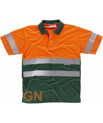 Polo bicolor transpirable manga corta de alta visibilidad color naranja flúor y verde