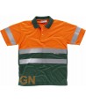Polo bicolor transpirable manga corta de alta visibilidad color naranja flúor y verde