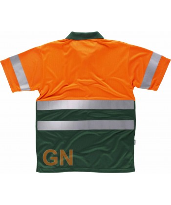 Polo bicolor transpirable manga corta de alta visibilidad color naranja flúor y verde