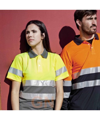 Polo bicolor transpirable manga corta de alta visibilidad color amarillo flúor y gris