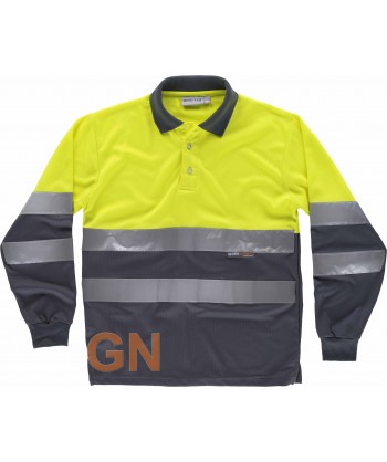 Polo técnico bicolor alta visibilidad de manga larga color gris oscuro y amarillo flúor