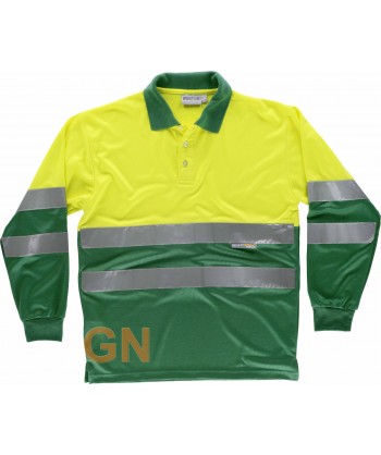 Polo técnico bicolor alta visibilidad de manga larga color verde y amarillo flúor
