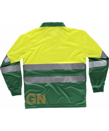 Polo técnico bicolor alta visibilidad de manga larga color verde y amarillo flúor