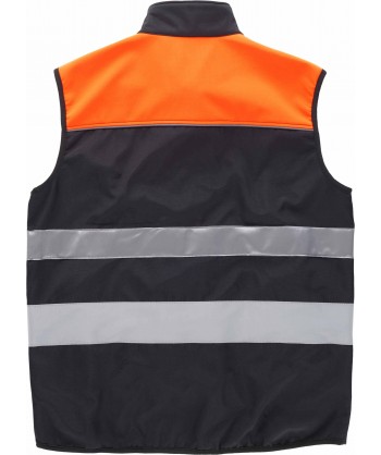 Chaleco softshell bicolor combinando naranja alta visibilidad con negro