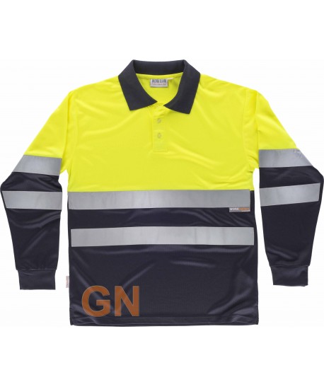 Polo técnico bicolor en alta visibilidad de manga larga color amarillo flúor y marino