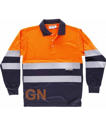 Polo técnico bicolor en alta visibilidad de manga larga color naranja flúor y marino