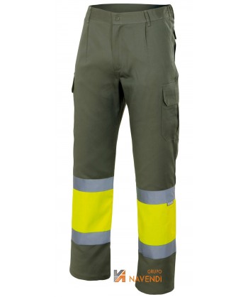 Pantalón multibolsillos bicolor verde caza y amarillo alta visibilidad