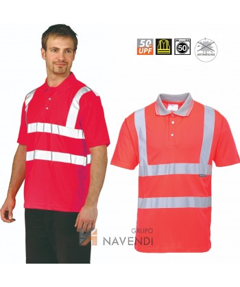 Polo de manga corta bicolor rojo alta visibilidad/gris.