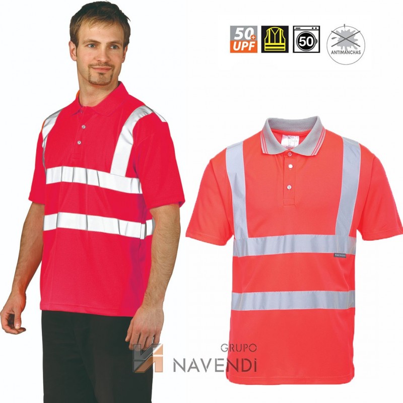 Polo de manga corta bicolor rojo alta visibilidad/gris.