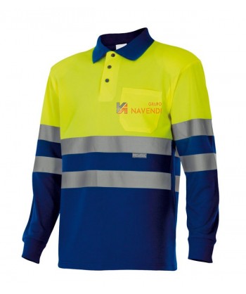 Polo de manga larga, bicolor azulina/amarillo alta visibilidad y con bolsillo